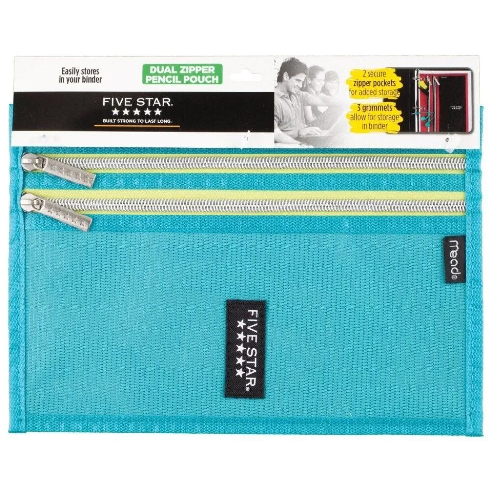 Five Star Dual Zipper Pencil Pouch With Binder Grommets - Blue & Green